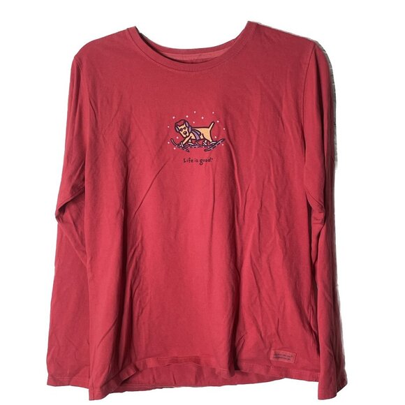 Life is Good Red Tee Shirt Dog Skiing Downhill Size M Outdoors Winter Graphic - Picture 1 of 4